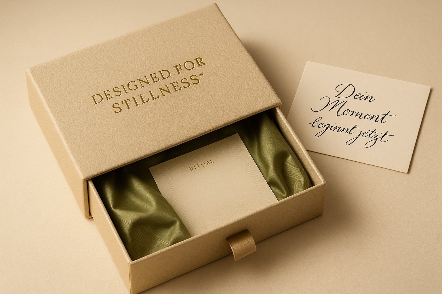 Türkisches Calmbox
Außen: Sandfarbene Struktur mit goldener Prägung „Designed for Stillness™“

Innen: Olivgrünes Seidenpapier, Karte mit Ritual-Anleitung

Optional: handgeschriebene Karte mit dem Satz: „Dein Moment beginnt jetzt.“